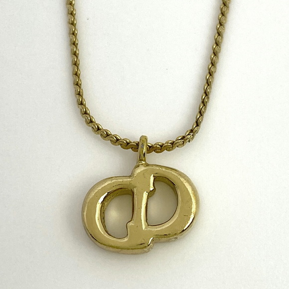 Christian Dior Logo Rhinestone Necklace CD Pendant GP Gold - Picture 2 of 4
